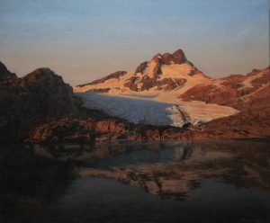 A photo of my landscape painting, depicting Mt Brewster and its terminal lake